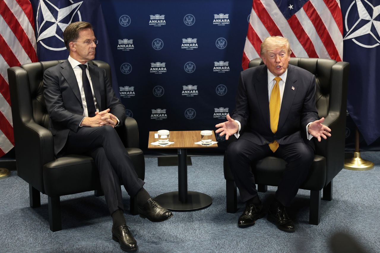 President Donald Trump meets with NATO Secretary General Mark Rutte for bilateral talks at Beştepe Presidential Compound during the NATO Summit in Ankara, on Wednesday.