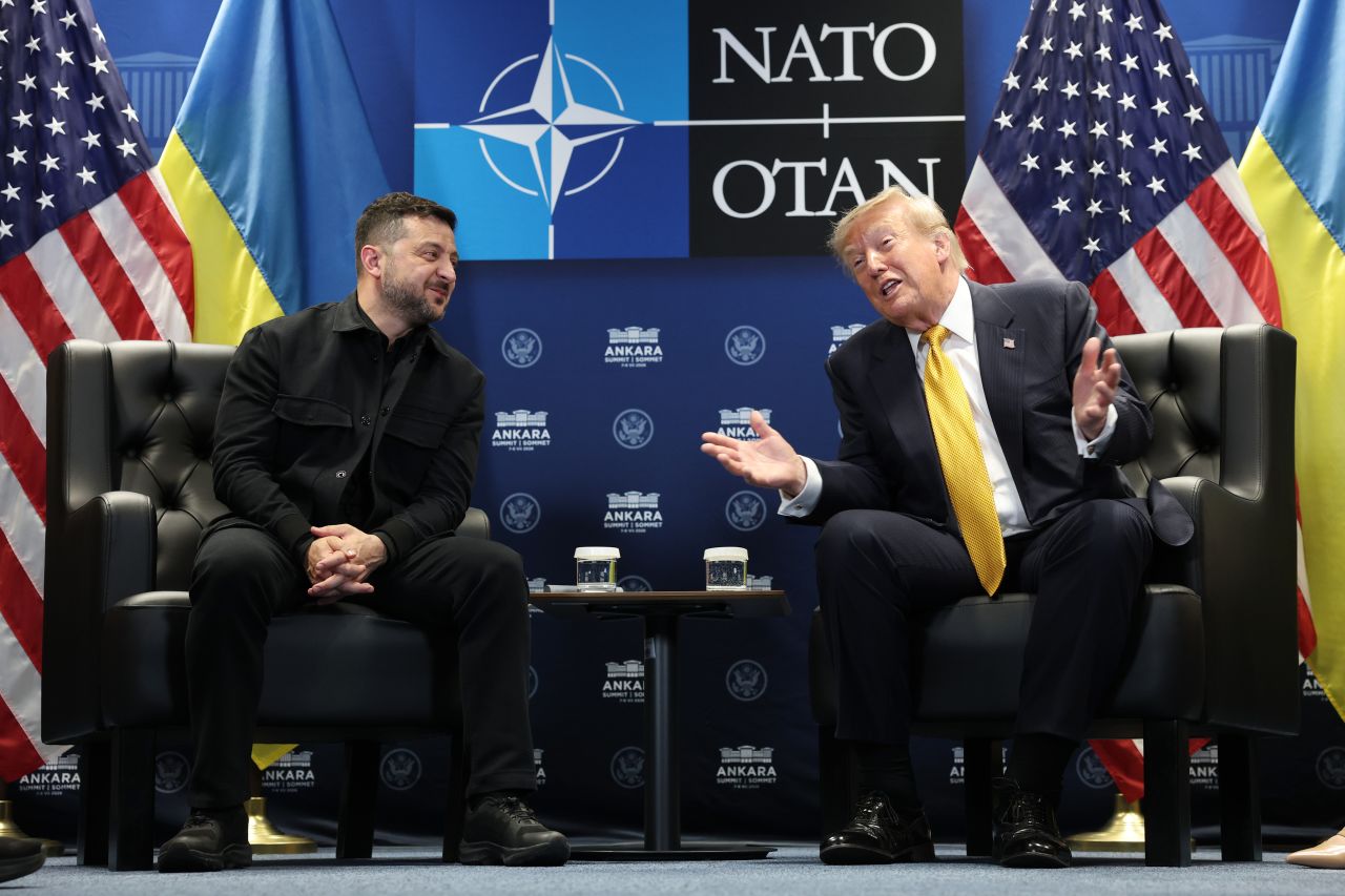 President Donald Trump meets with Volodymyr Zelenskyy, President of Ukraine for bilateral talks at Beştepe Presidential Compound during the NATO Summit in Ankara, Turkey, on July 8.