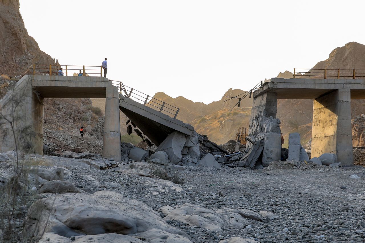 A heavily-damaged bridge which was hit by a US strike is pictured along the road connecting Roudan and Bandar Abbas in southern Iran on July 18, 2026.