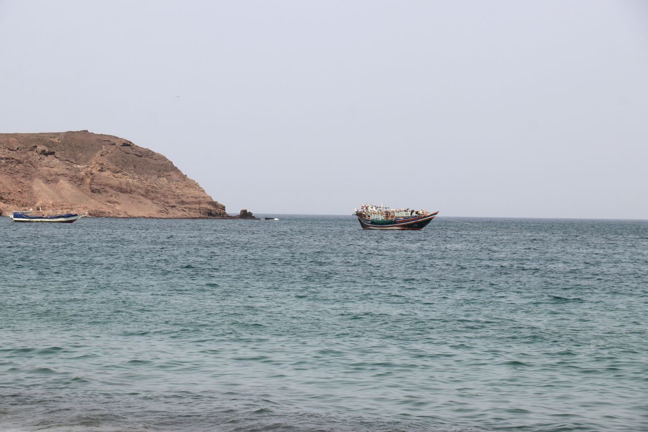A photo taken from the Yemeni coast southwest of the city of Taiz, shows boats floating at Bab al-Mandab Strait, in the Red Sea, on Friday.