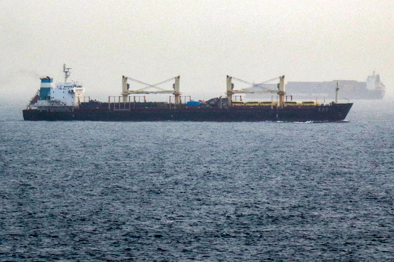 Vessels transit the Bab el-Mandeb Strait off the coast of southern Yemen on July 25.