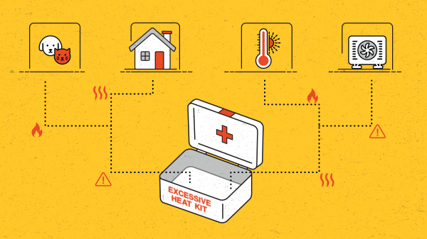 Graphic illustration of a box labeled "excessive heat kit" with dotted lines leading to graphics depicting pets, a home, a thermometer and an air conditioner.
