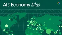 "AI & Economy Atlas" with Google logo, all over a green grid background