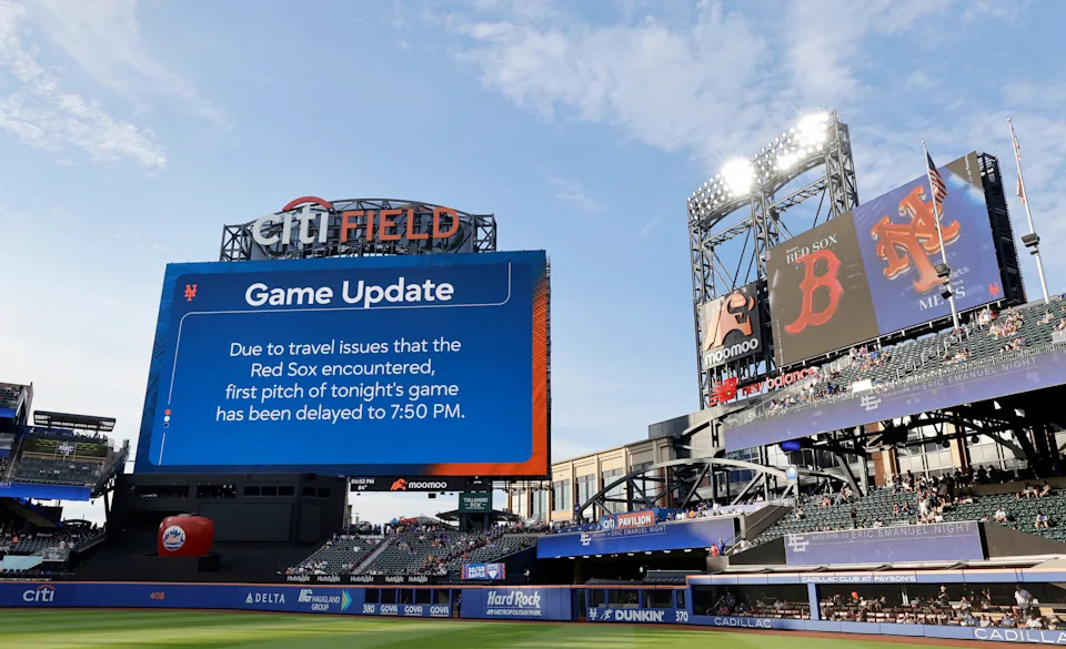 NEW YORK, NEW YORK - JULY 10: The scoreboard announces a delay to the start time of a game between the New York Mets and the Boston Red Sox at Citi Field on July 10, 2026 in New York City. (Photo by Jim McIsaac/Getty Images)