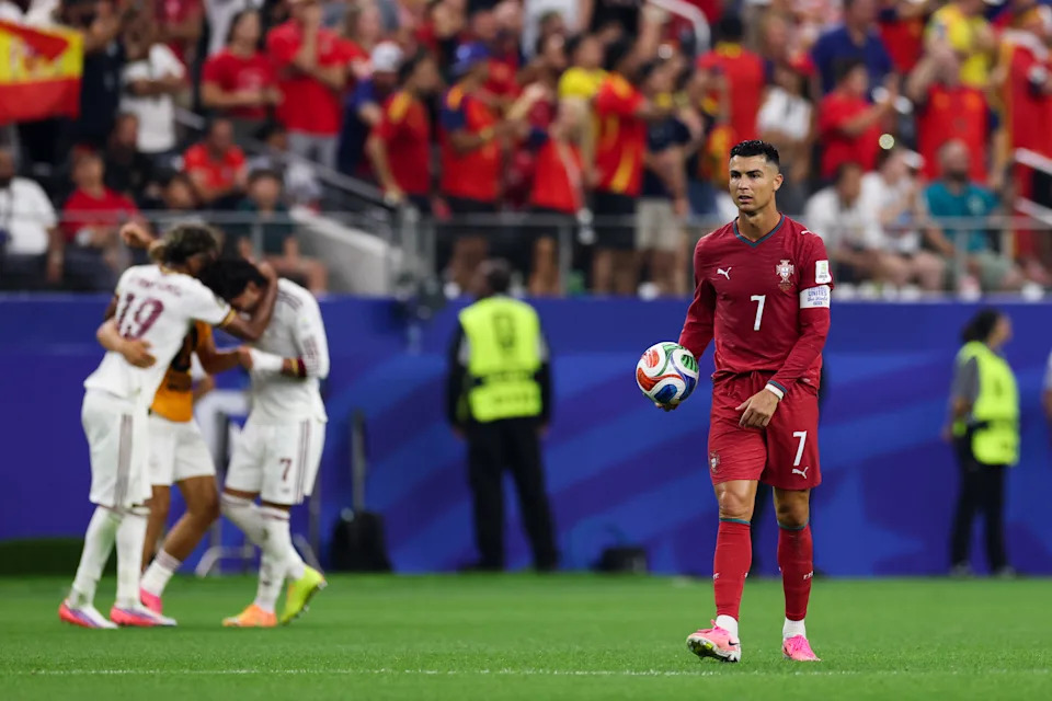 ARLINGTON, TEXAS - JULY 06: Cristiano Ronaldo #7 of Portugal reacts after Spain player Mikel Merino's goal during the FIFA World Cup 2026 Round Of 16 match between Portugal and Spain at Dallas Stadium on July 06, 2026 in Arlington, Texas. (Photo by Zhizhao Wu/Getty Images)