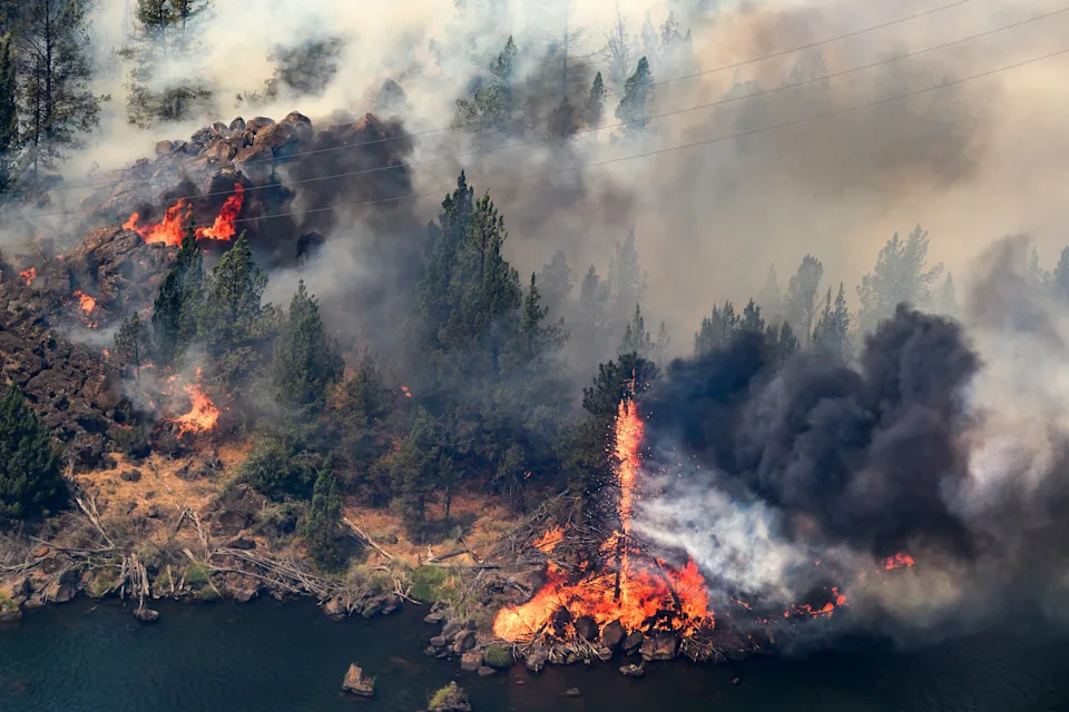 The Bench fire burns along the banks of the Deschutes River on Saturday, July 25, 2026, in Jefferson County, Ore.