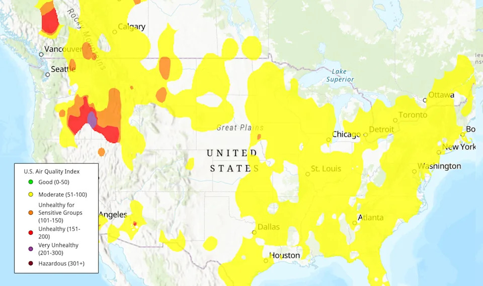 A map showing Air Quality Index scores in the continental U.S. at 7 a.m. PT on July 28.