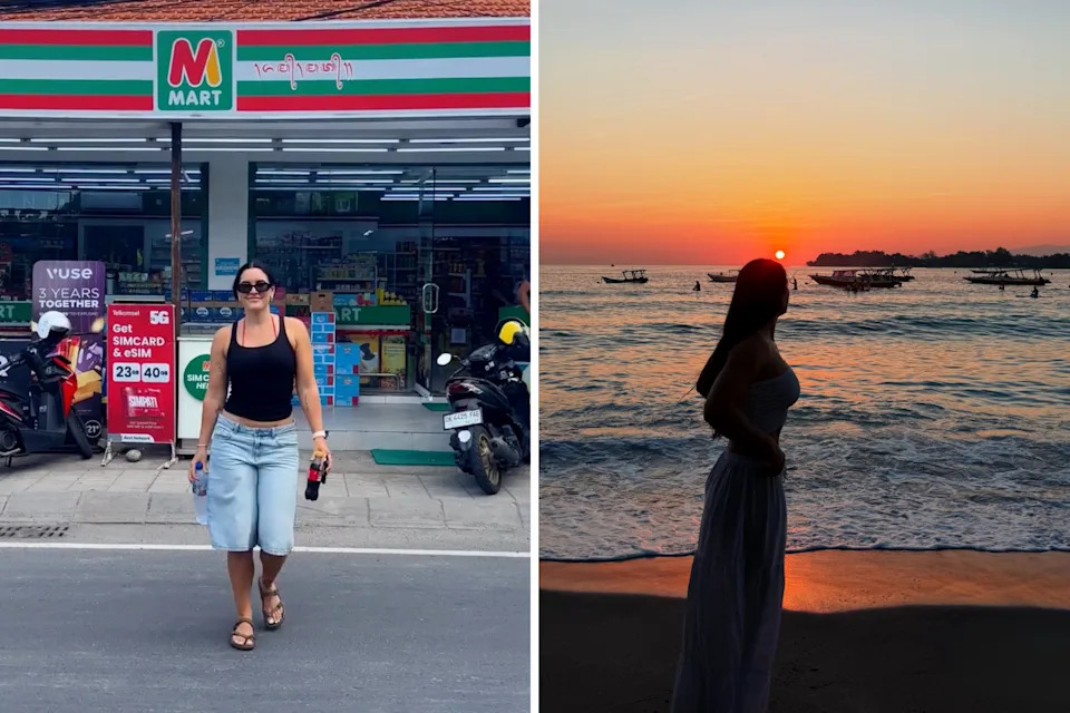 Phoebe outside a store and looking into the sunset