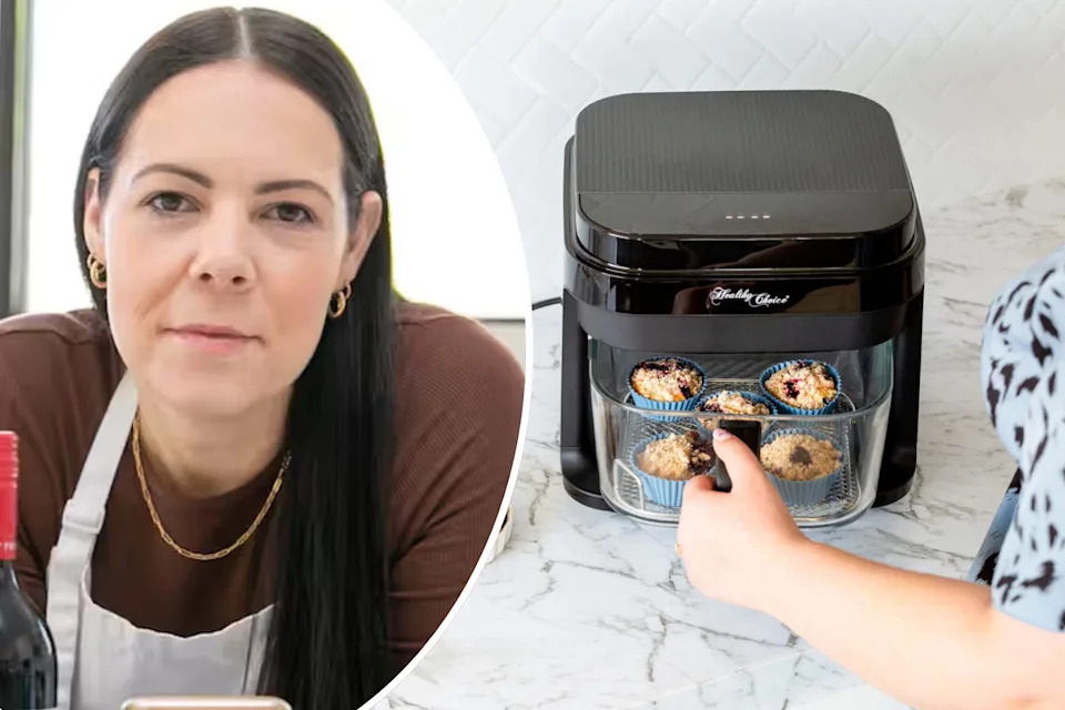 Chantelle Dart looking at the camera next to a glass air fryer