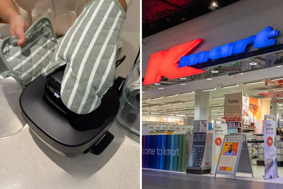 Person with oven mitts holding a glass air fryer next to a Kmart entrance