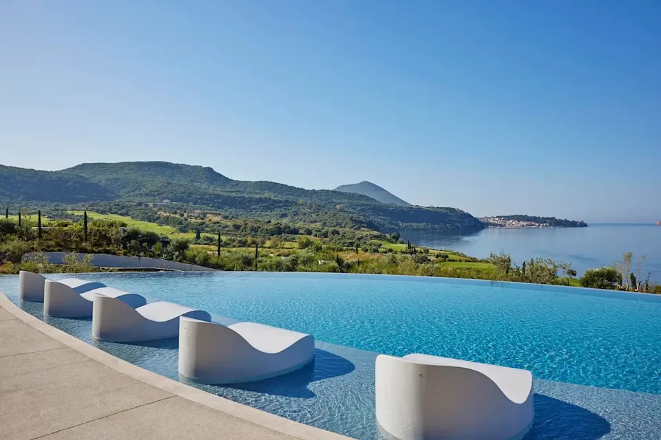 Tranquility pool overlooking Ionian Sea at Mandarin Oriental Costa Navarino spring 2026