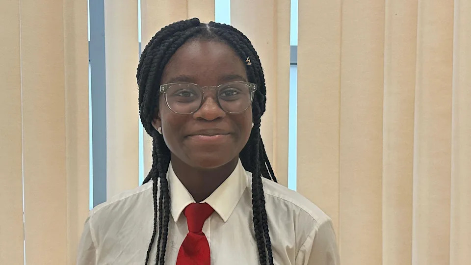 A girl with black braided hair and glasses. She is wearing her school uniform, which is a white shirt with a red tie. She is stood in front of some cream-coloured window blinds.
