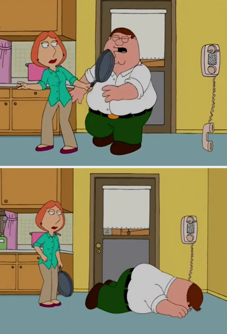 Animated characters Lois and Peter Griffin in a kitchen, with Lois holding a frying pan against Peter's face. Vintage phone on wall