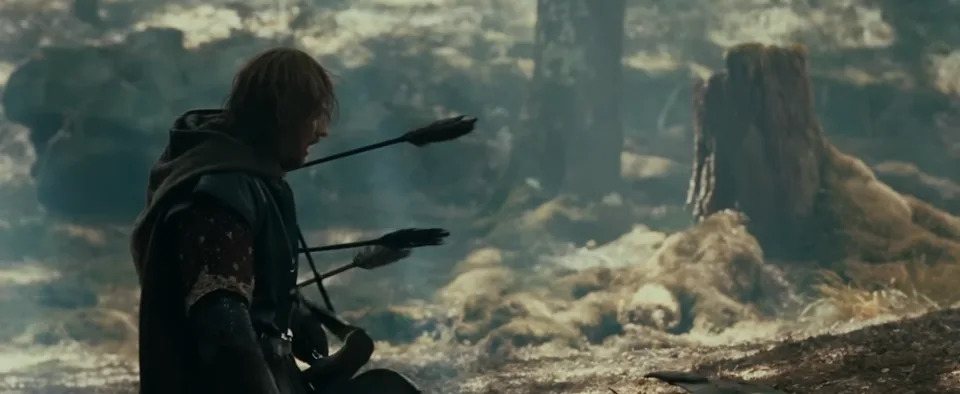 A character in medieval-style armor sits in a forest with arrows protruding from their back, conveying a sense of defeat or injury