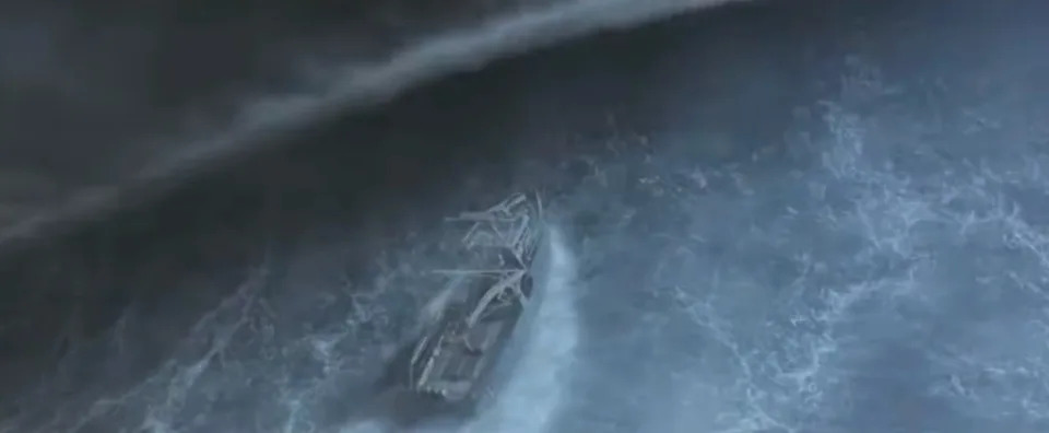A small boat navigates through a massive ocean wave, highlighting the drama and intensity of the sea