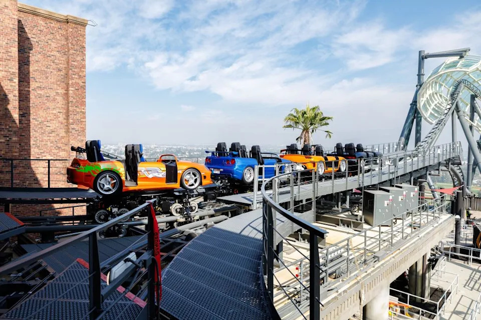 The coaster has two ride vehicles designed after Brian O'Conner's sports cars in the franchise. Brian O'Conner is the character Walker portrayed. Universal Studios Hollywood