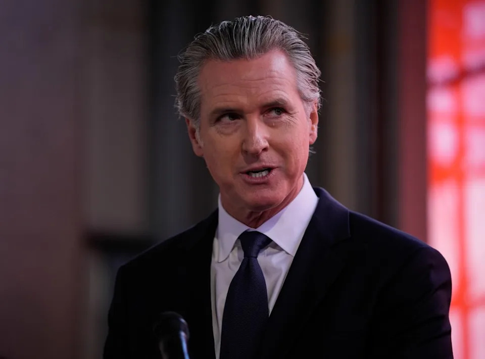 Governor Gavin Newsom speaking at a press conference in Oakland. Anadolu via Getty Images