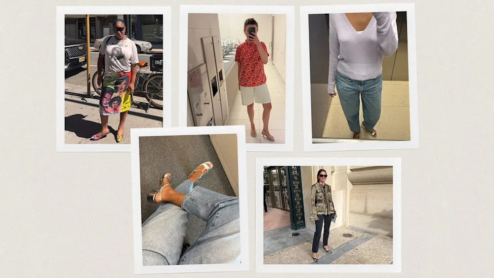 Collage of various fashionable outfits and footwear worn by different individuals in diverse settings.