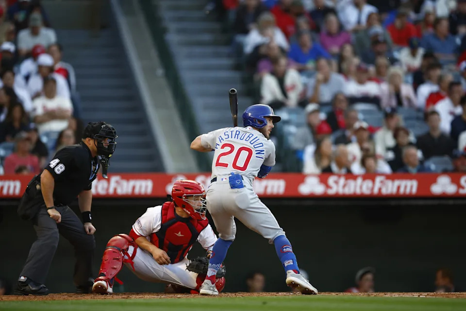 ANAHEIM, CALIFORNIA - JUNE 07: Miles Mastrobuoni #20 of the Chicago Cubs at Angel Stadium of Anaheim on June 07, 2023 in Anaheim, California. (Photo by Ronald Martinez/Getty Images)