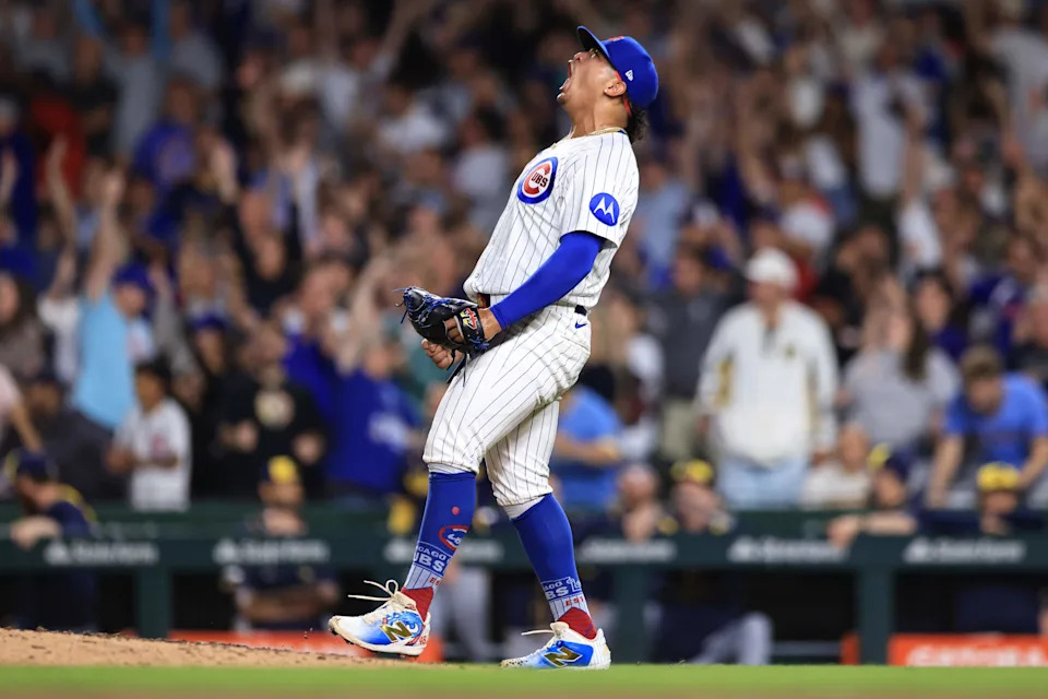 CHICAGO, ILLINOIS - AUGUST 20: Daniel Palencia #48 of the Chicago Cubs celebrates the save against the Milwaukee Brewers at Wrigley Field on August 20, 2025 in Chicago, Illinois. (Photo by Geoff Stellfox/Getty Images)
