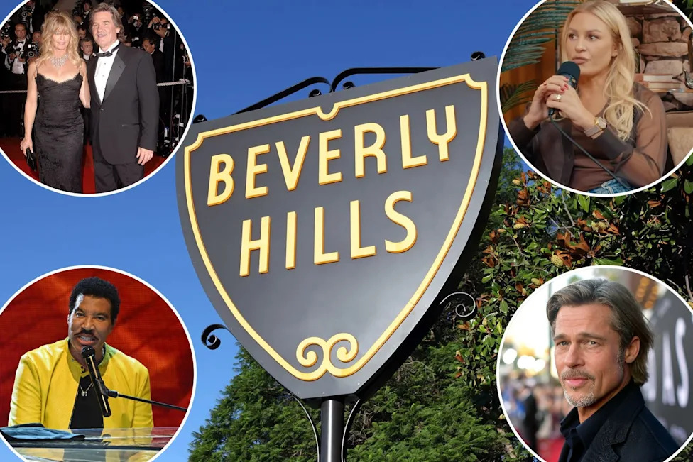 An image collage containing 5 images, Image 1 shows Beverly Hills shield, Image 2 shows Goldie Hawn and Kurt Russell at the 60th Cannes Film Festival, Image 3 shows Morgan Stewart speaking into a microphone, Image 4 shows Lionel Richie performs at the Seminole Hard Rock Hotel & Casino, singing into a microphone, Image 5 shows Brad Pitt attending the premiere of Ad Astra