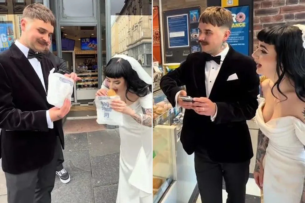 Dan Wilkin and Amy Wilkin getting food in the middle of their wedding day.Credit: Kennedy News/freddiedouglasevent (2)