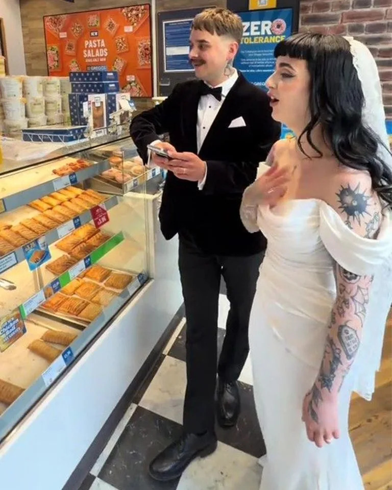 Dan Wilkin (left) and Amy Wilkin (right) at Greggs.Credit: Kennedy News/freddiedouglasevent