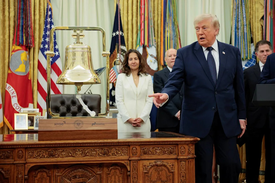 U.S. President Donald Trump gestures before ringing the opening bell for the New York Stock Exchange (NYSE) and Nasdaq during an event to mark the launch of