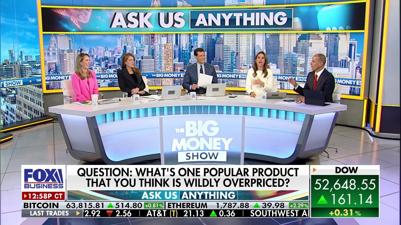 FOX Business anchors discuss products they believe are widely overpriced. Answers include bottled water, Dyson hair dryers, luxury handbags, and McDonald's value meals, sparking a lively debate about quality versus cost among the panel.
