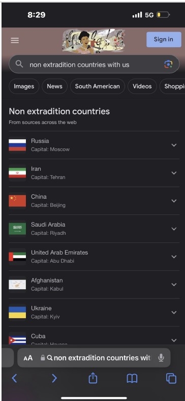 Image of He's search for non-extradition countries.