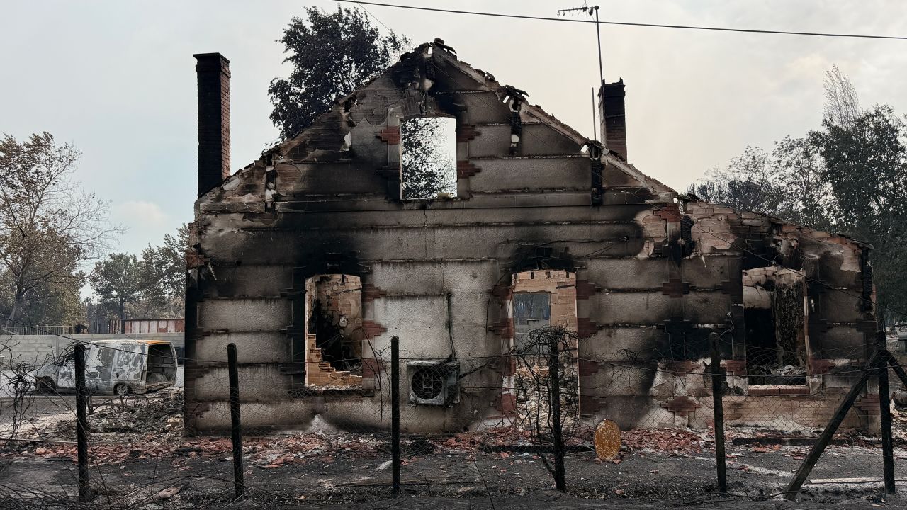 A burned out building is seen outside Lège Cap Ferret, France on Sunday.