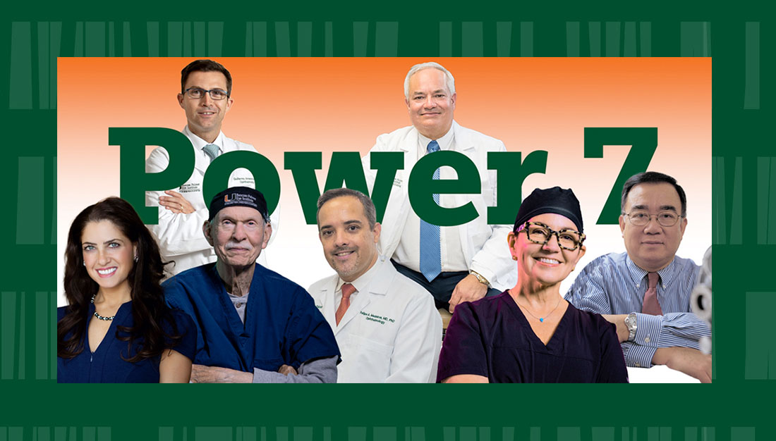 Promotional composite image showing seven ophthalmology physicians from Bascom Palmer Eye Institute in professional clinical attire, arranged in a group portrait style against a branded background referencing “Power List 2026.”