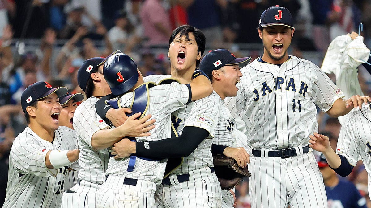 Team Japan celebrates after the final out of the World Baseball Classic Championship defeating Team USA 3-2 at loanDepot park on March 21, 2023 in Miami, Florida.
