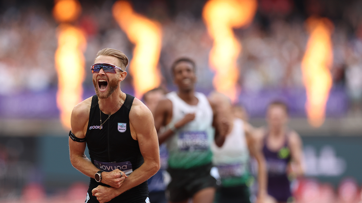 Josh Kerr reacts after record-breaking mile run in London