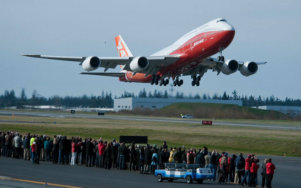 The 747-8 Intercontinental began its flight test program March 20, 2011, taking off from Paine Field in Everett, WA. It landed four hours and 25 minutes later at Boeing Field in Renton.