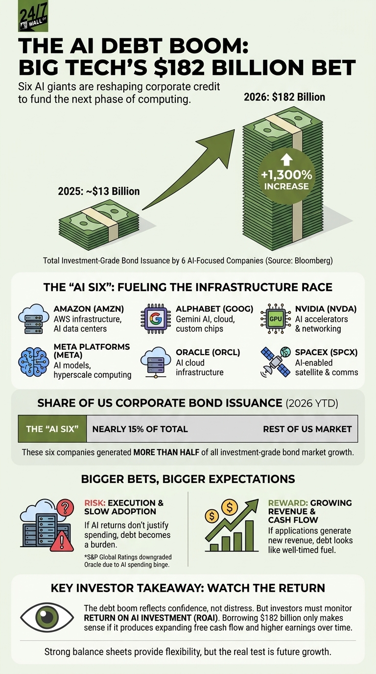 An infographic showing a massive 1,300% surge in bond issuance from $13 billion to $182 billion by six major AI companies to fund infrastructure.