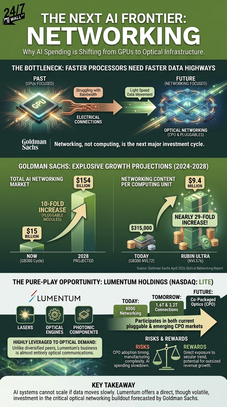 Infographic comparing electrical GPU connections to future optical networking, featuring growth charts and financial projections for Lumentum Holdings.