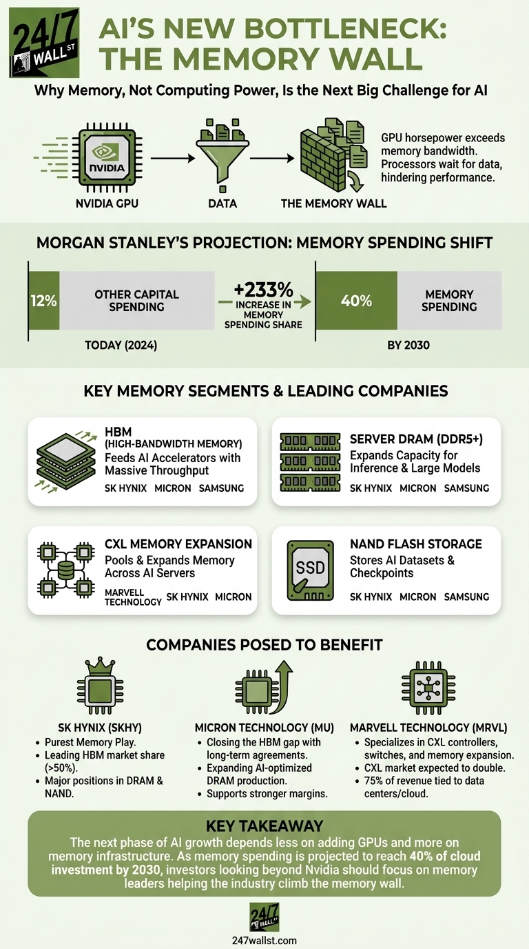 Visual guide to the AI memory bottleneck, featuring spending charts and company logos for SK Hynix, Micron, and Marvell.