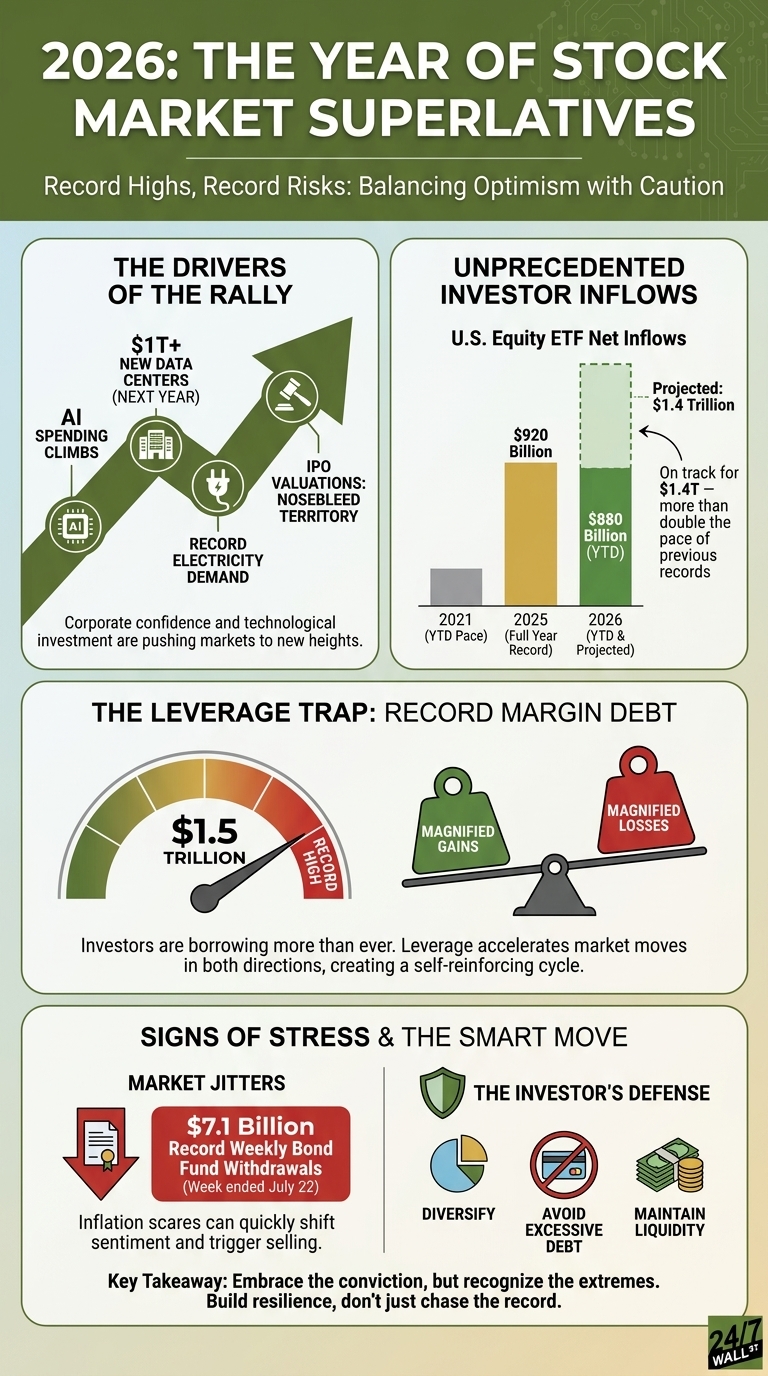 A financial infographic detailing the 2026 stock market rally, highlighting record inflows and the dangers of high margin debt.