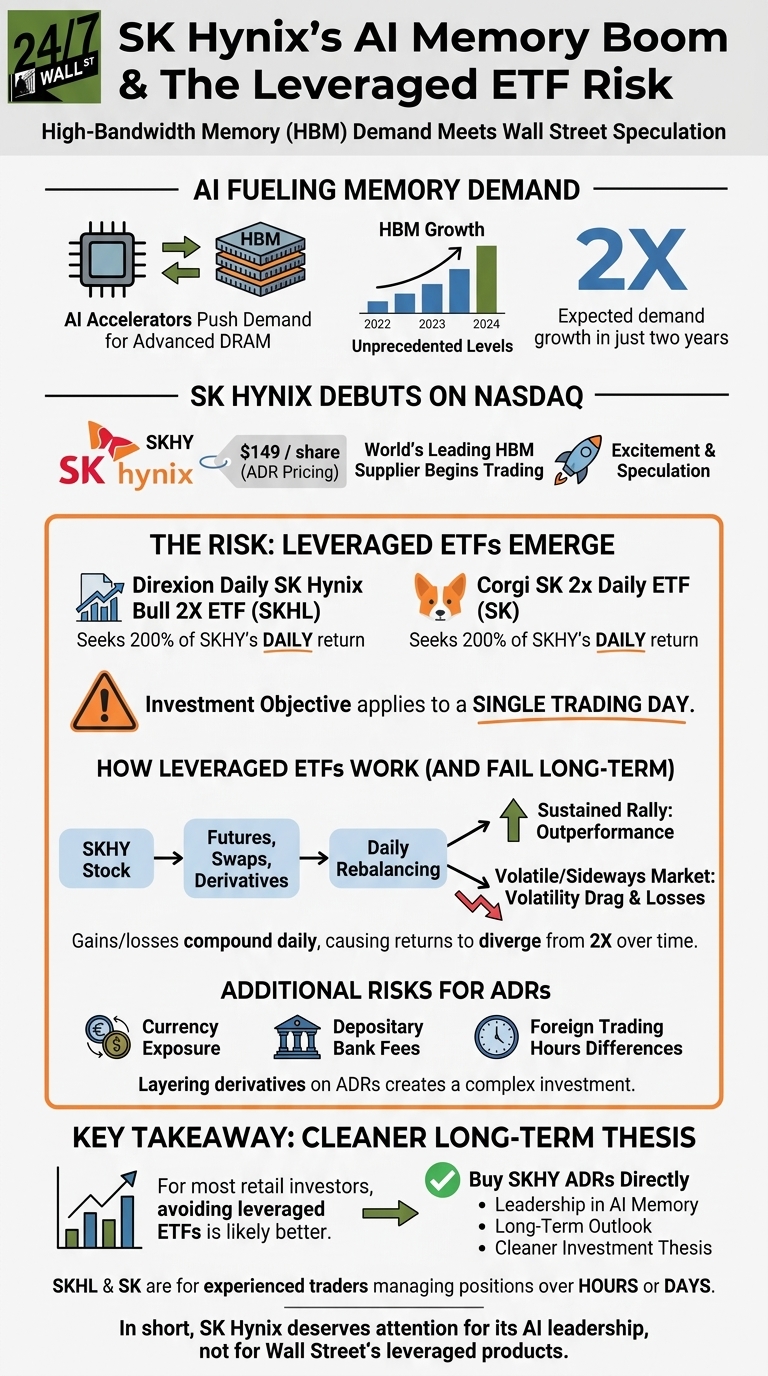 A detailed infographic explaining SK Hynix's Nasdaq listing, the 2x growth in AI memory demand, and the specific risks of using leveraged ETFs compared to buying ADRs directly.