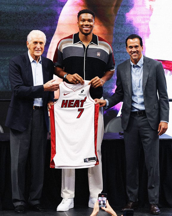 Pat Riley, Giannis Antetokounmpo, Erik Spoelstra