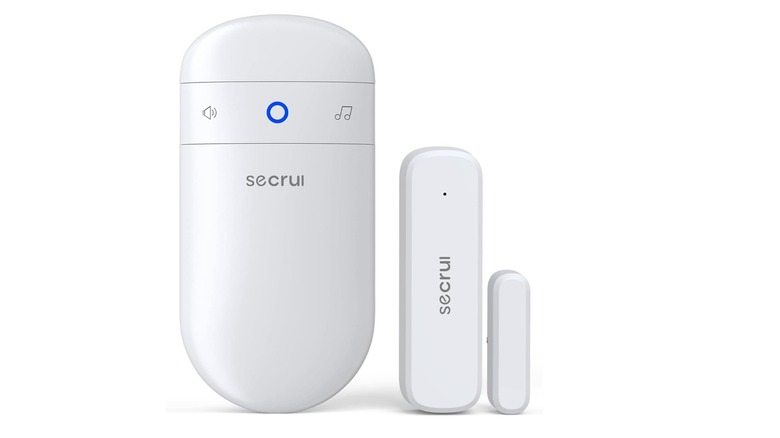 The sensor and receiver of the Secrui SB-123 door alarm, on a white background.