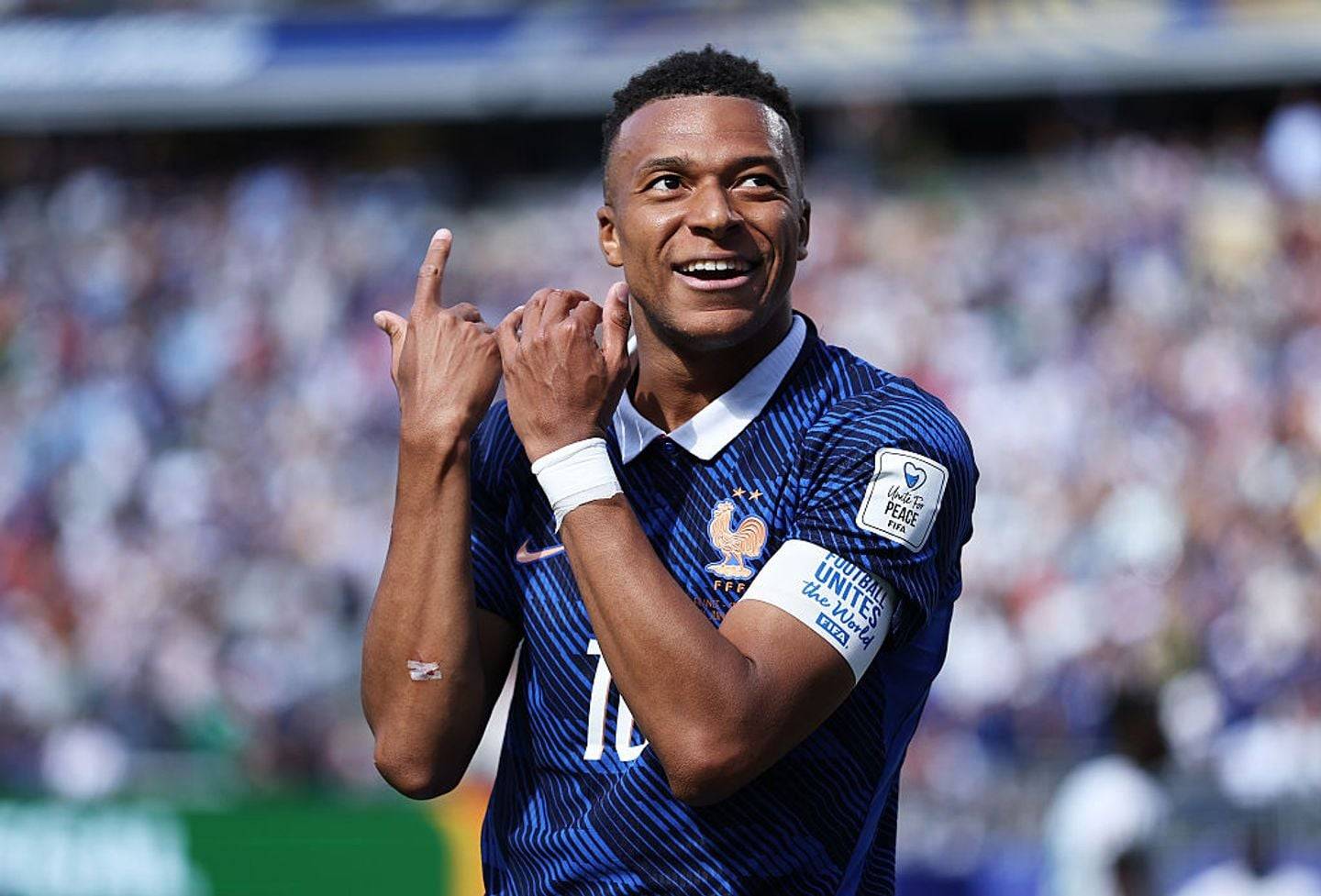 EAST RUTHERFORD, NEW JERSEY - JUNE 16: Kylian Mbappe #10 of France celebrates scoring his team's first goal during the FIFA World Cup 2026 Group I match between France and Senegal at New York New Jersey Stadium on June 16, 2026 in East Rutherford, New Jersey. (Photo by Dan Mullan/Getty Images)