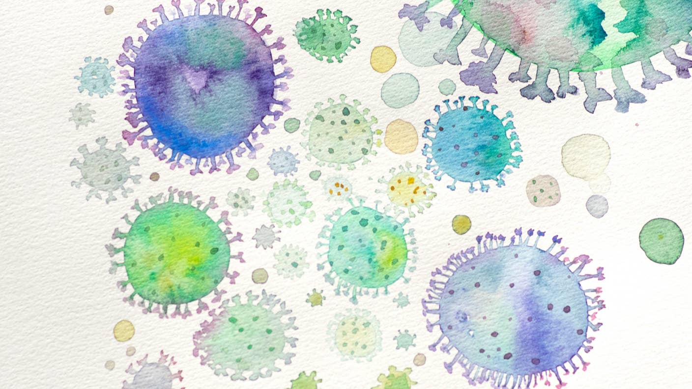 A watercolor painting of coronaviruses
