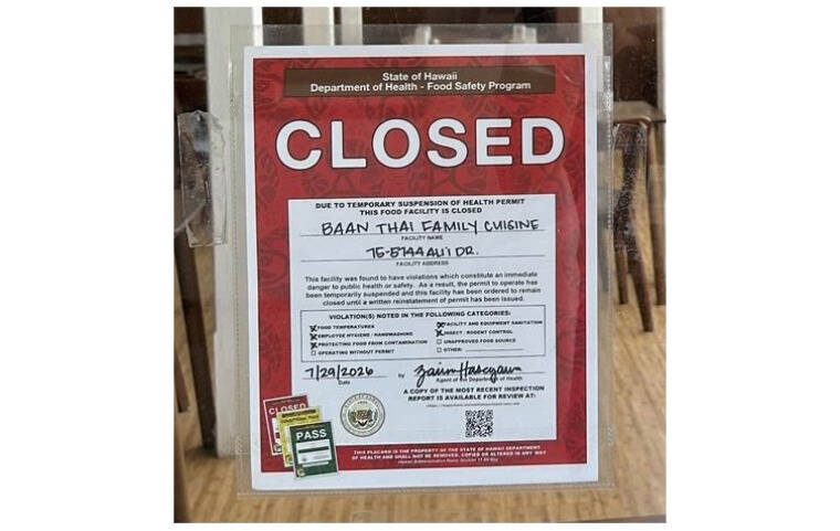 COURTESY DOH
The Hawaii Department of Health on Wednesday closed Baan Thai Family Cuisine in Kona after it failed a routine inspection.