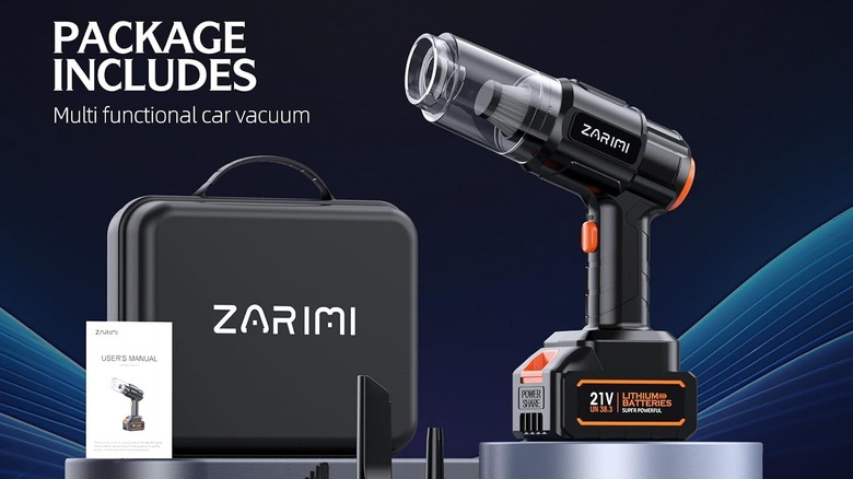 Zarimi cordless vacuum cleaner next to the container and attachments