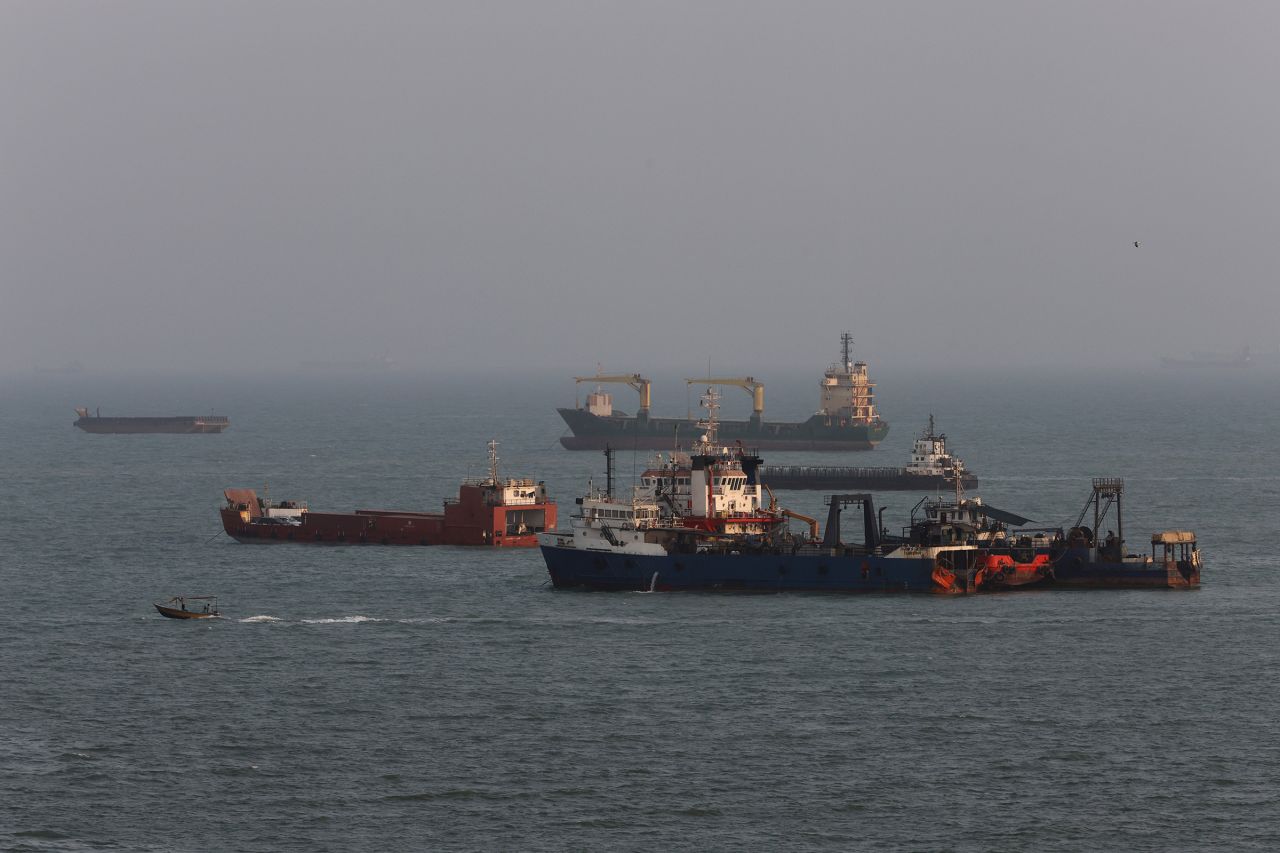 Ships are anchored in the Strait of Hormuz, off the coast of Bandar Abbas, Iran, on August 10, 2026.