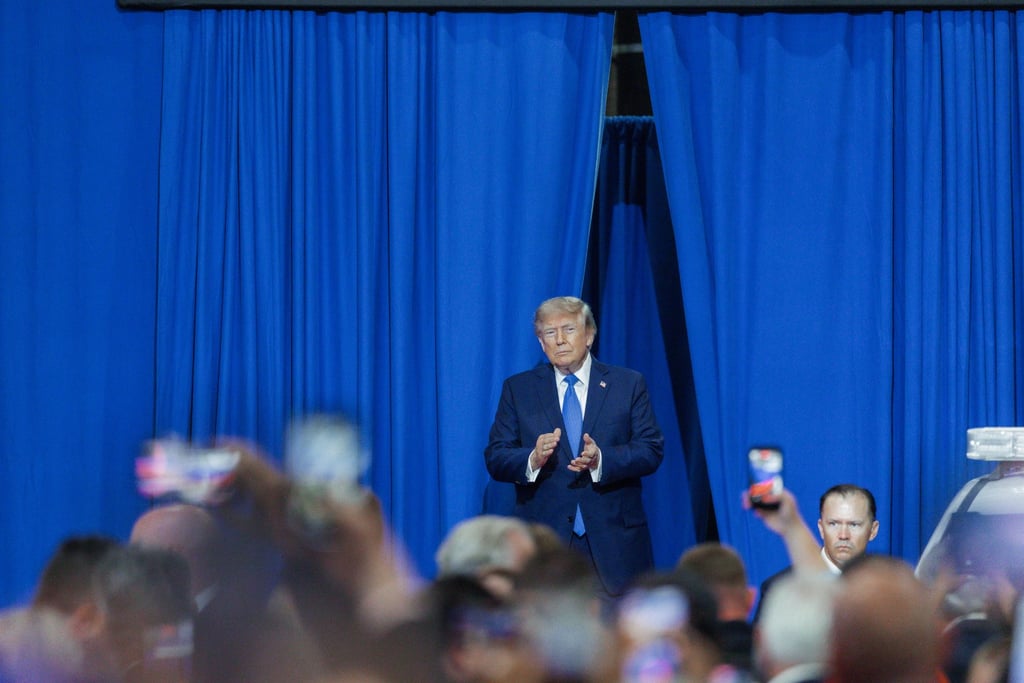 US President Donald Trump in Garden City, Nassau County, on Long Island, New York on Friday, where he boasted that the US blockade of Iranian ports was a “wall of steel”. Photo: EPA