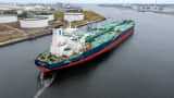 The VLCC Mobassa B (previously named Front Forth), one of the two tankers which the UAE defence ministry said was struck by Iranian cruise missiles while transiting the Strait of Hormuz, in Rotterdam, Netherlands, August 18, 2024, in this picture obtained by Reuters on July 14, 2026.