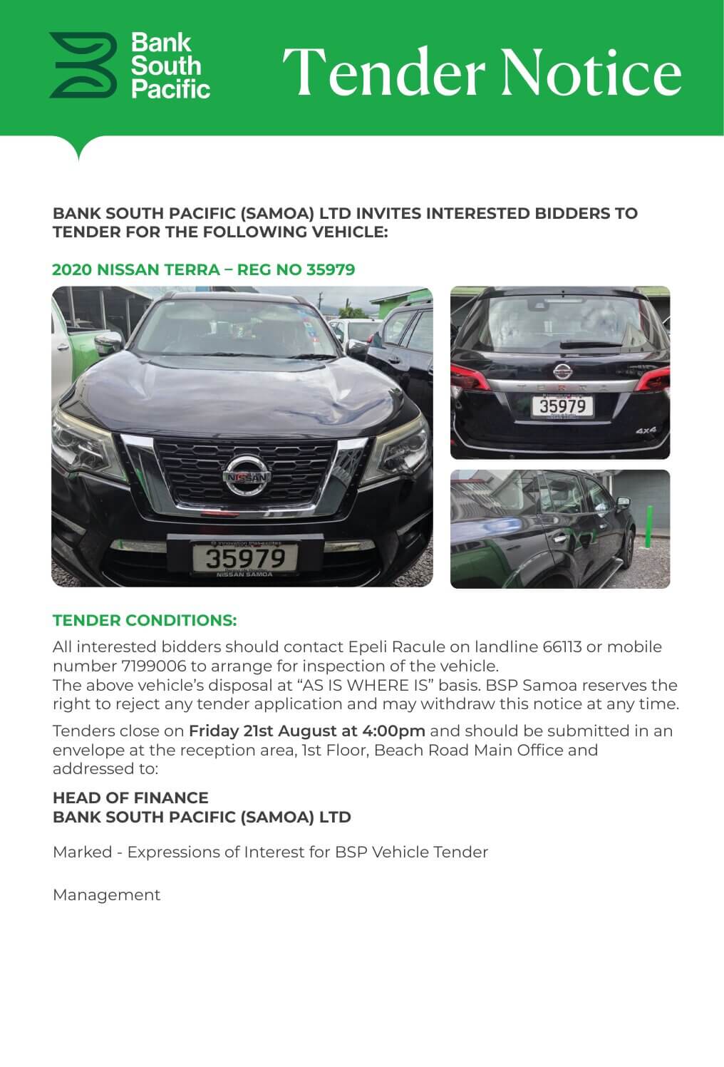 BSP Vehicle Tender Notice